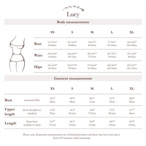 May include: A size chart titled Lucy featuring body and garment measurements in inches and centimeters for sizes XS through XL. The chart includes bust, waist, and hip body measurements, plus bust, upper length, and total length garment measurements.
