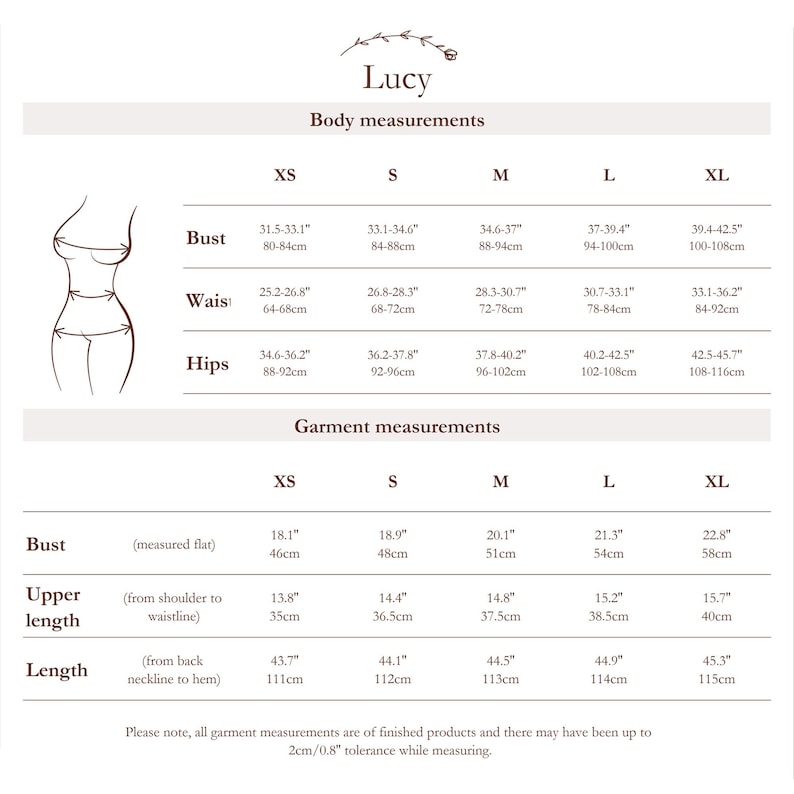 May include: A size chart titled Lucy featuring body and garment measurements in inches and centimeters for sizes XS through XL. The chart includes bust, waist, and hip body measurements, plus bust, upper length, and total length garment measurements.