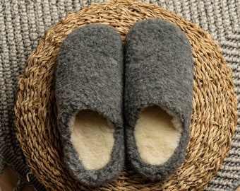 Fleece Wool Slippers for Women Fluffy Dark Gray Felted Indoor Slippers Natural Sustainable Clothing Eco Friendly Sustainable Gifts