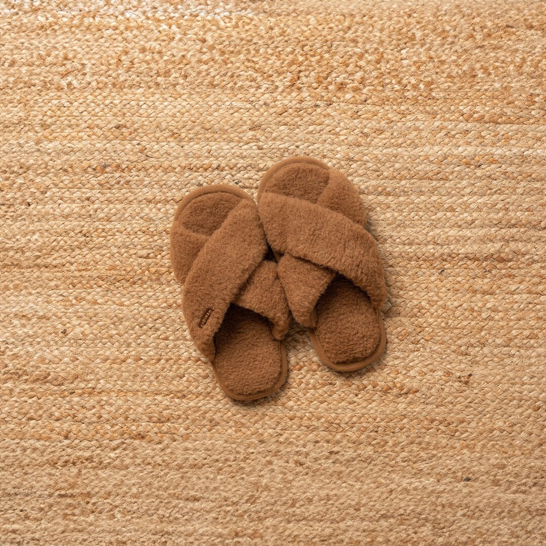 Fluffy Slippers Camel Slippers Merino Wool Cross Slippers Bathroom