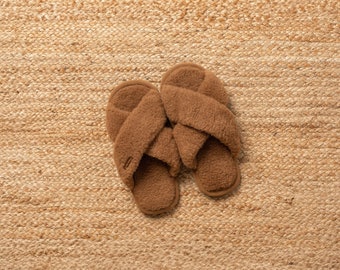 Fluffy Slippers Camel Slippers Merino Wool Cross Slippers Bathroom Brown Slippers Gifts House Slippers Woman Open Front Slippers