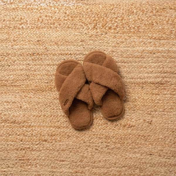 Fluffy Slippers Camel Slippers Merino Wool Cross Slippers Bathroom Brown Slippers Gifts House Slippers Woman Open Front Slippers