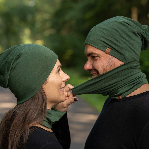 100% Merinowolle Neck Gaiter für Männer & Frauen Große Bio Skimaske aus Staub Wind Nachhaltige Paare Geschenke Dunkelgrün