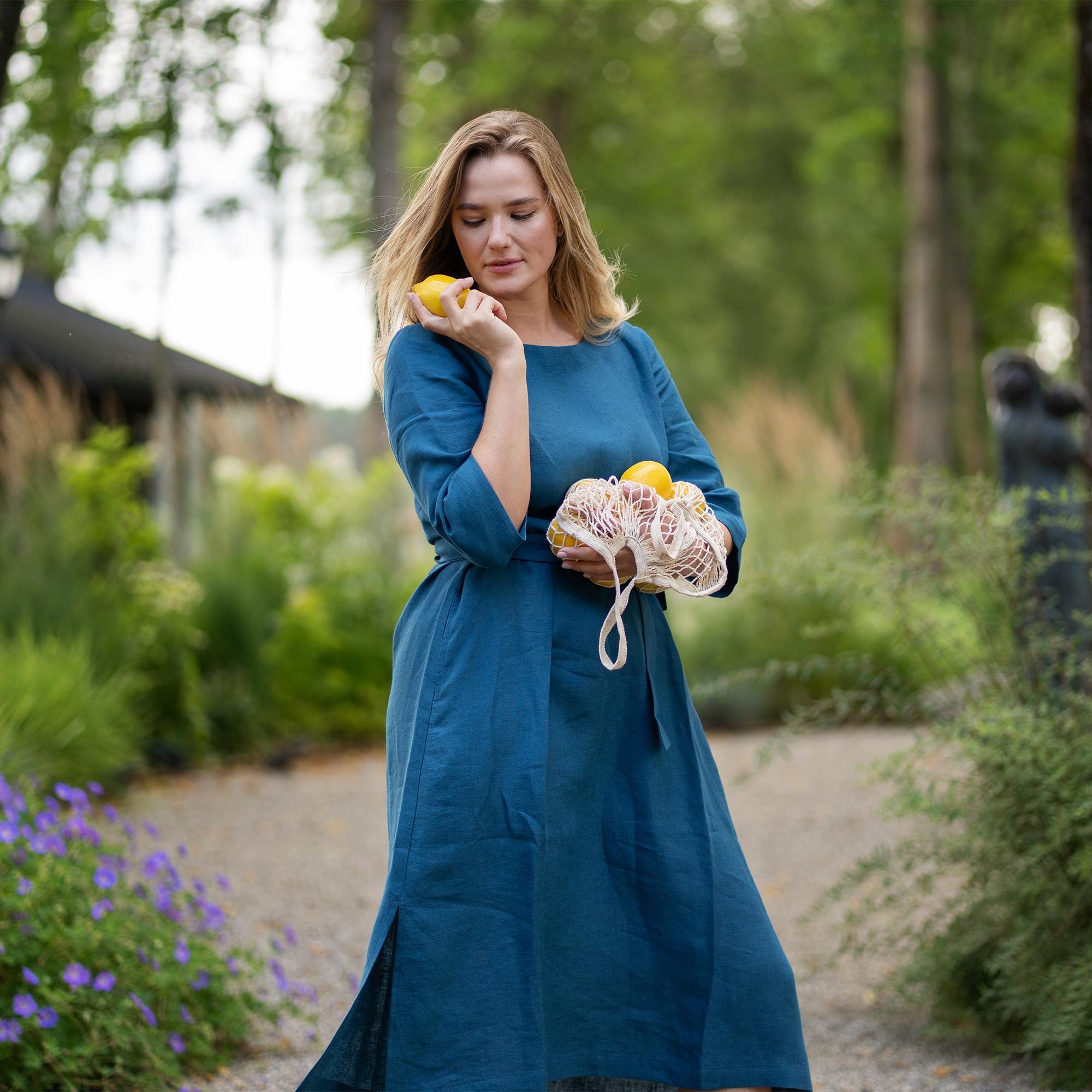 Linen Dress With Ties Wrap Linen Dress Summer Linen Dress Midi Linen Dress Long Sleeve Linen Dress With Pockets Linen Dress MILEY