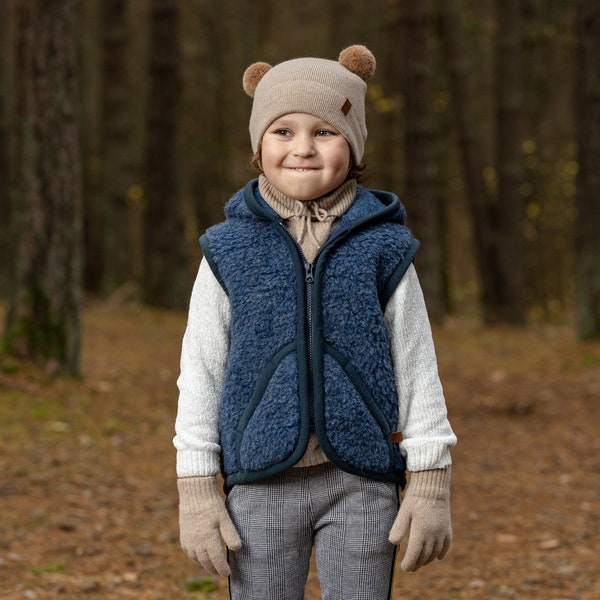 Enfants laine gilet Long polaire gilet pour enfant en bas âge à la main chaud laine gilet naturel durable laine bébé vêtements Denim bleu