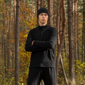 Sudadera con media cremallera para hombre, color negro, cuello alto, lana merino, manga larga, 250 g/m², color negro