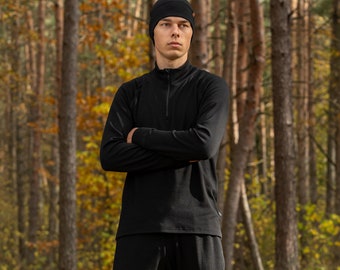 Half Zip Sweatshirt for Men Black Turtleneck Sweater Merino Wool Long Sleeve Cardigan Top 250gsm Black