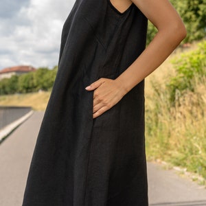 Black Assymetrical Dress Linen Assymetrical Dress Sleeveless Dress Midi Linen Dress Simple Shift Dress for Women Linen Clothing KAYA image 5