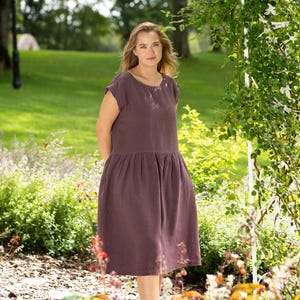 Summer Linen Dress for Women Midi Large Beach Dress Natural Smock Dress with Pockets Sustainable Linen Clothing CECILIA Shadow Purple