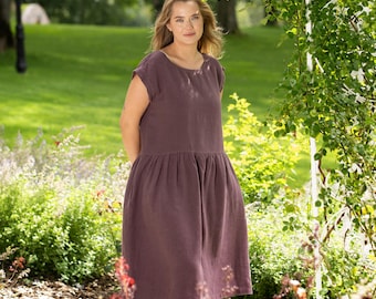 Summer Linen Dress for Women Midi Large Beach Dress Natural Smock Dress with Pockets Sustainable Linen Clothing CECILIA Shadow Purple