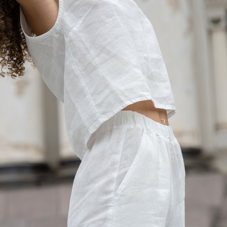 Pantalon classique 100 % lin pour femme Blanc Pantalon en lin avec poches Pantalon taille haute Bio Vêtements DAKOTA Blanc pur image 7