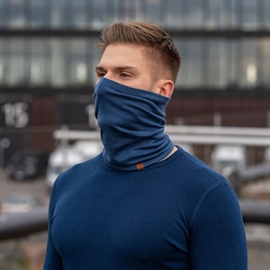 Neck Gaiter Face Mask for Woman Man Large Face Mask Scarf Neck Warmer Unisex Ski Mask Merino Wool Organic Clothing Knit Accessories Denim