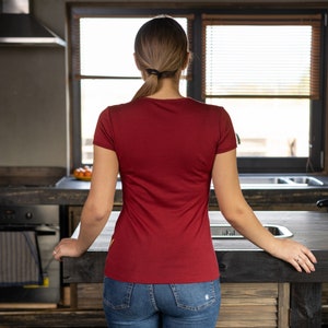 Womens Workout Tee Shirt Organic Yoga T-Shirt Crewneck Shirt Short Sleeve Top Merino Wool Natural Clothing 160gsm Royal Cherry Red image 7