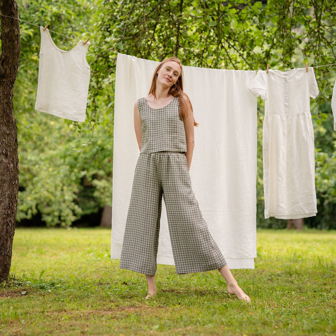 Grün Gingham Reines Leinen Stück Set von Crop Top Culottes