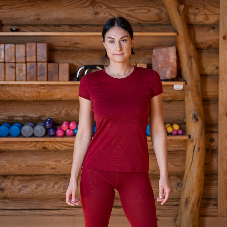 Womens Workout Tee Shirt Organic Yoga T-Shirt Crewneck Shirt Short Sleeve Top Merino Wool Natural Clothing 160gsm Royal Cherry Red image 2