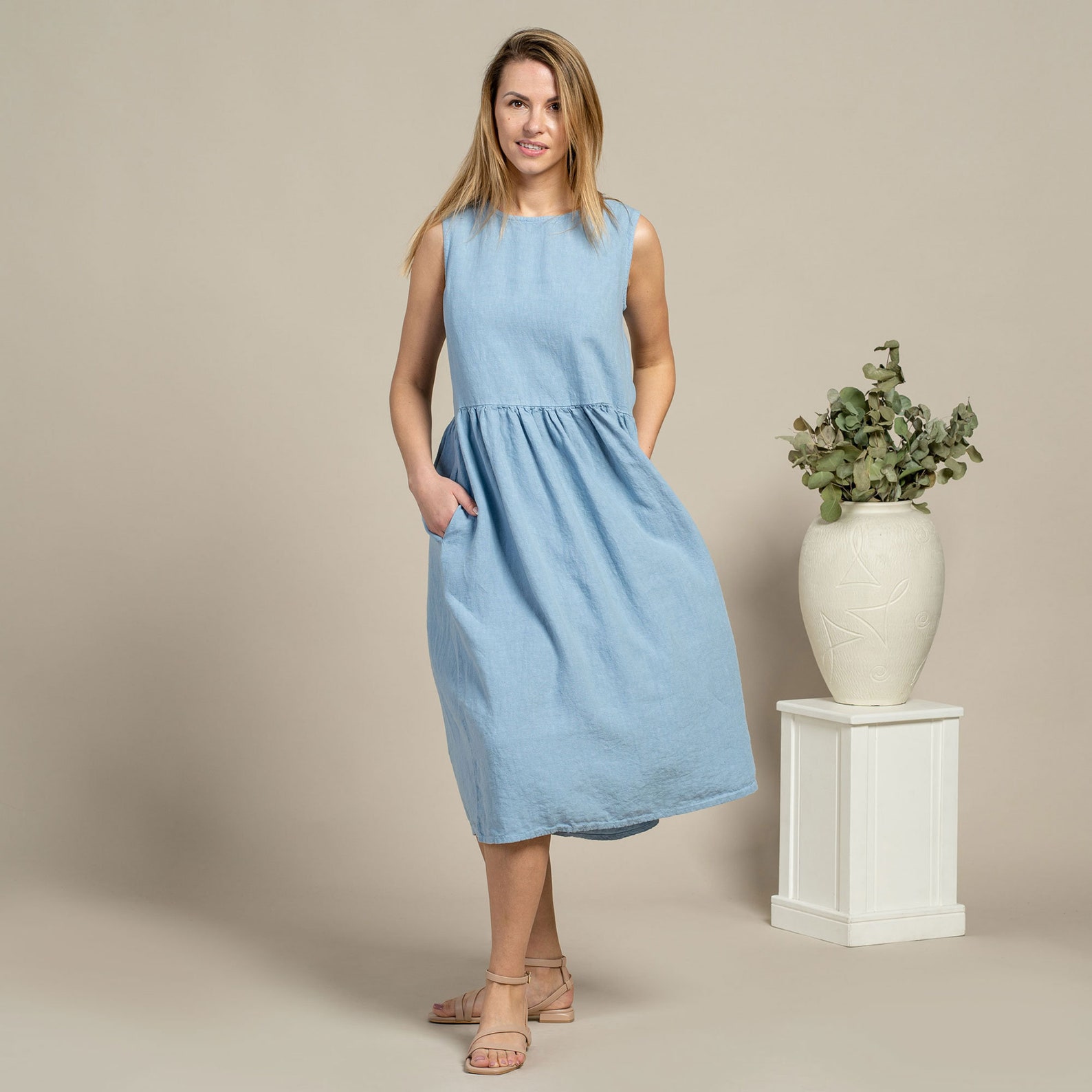 Organic Linen Dress/Midi Smock Flowy Dress/Summer Dress for Etsy