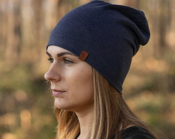 Bonnet ample pour femme et homme Bonnet tricoté en laine mérinos Cadeaux durables Accessoires d'automne bio Bleu foncé