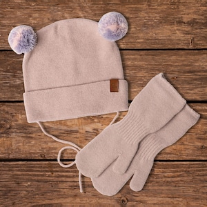 Baby Pom Beanie Hat & Mittens Gloves Two Piece Set Merino Wool Beanie with Chinstraps Knit Mittens Organic Accessories Dusty Pink