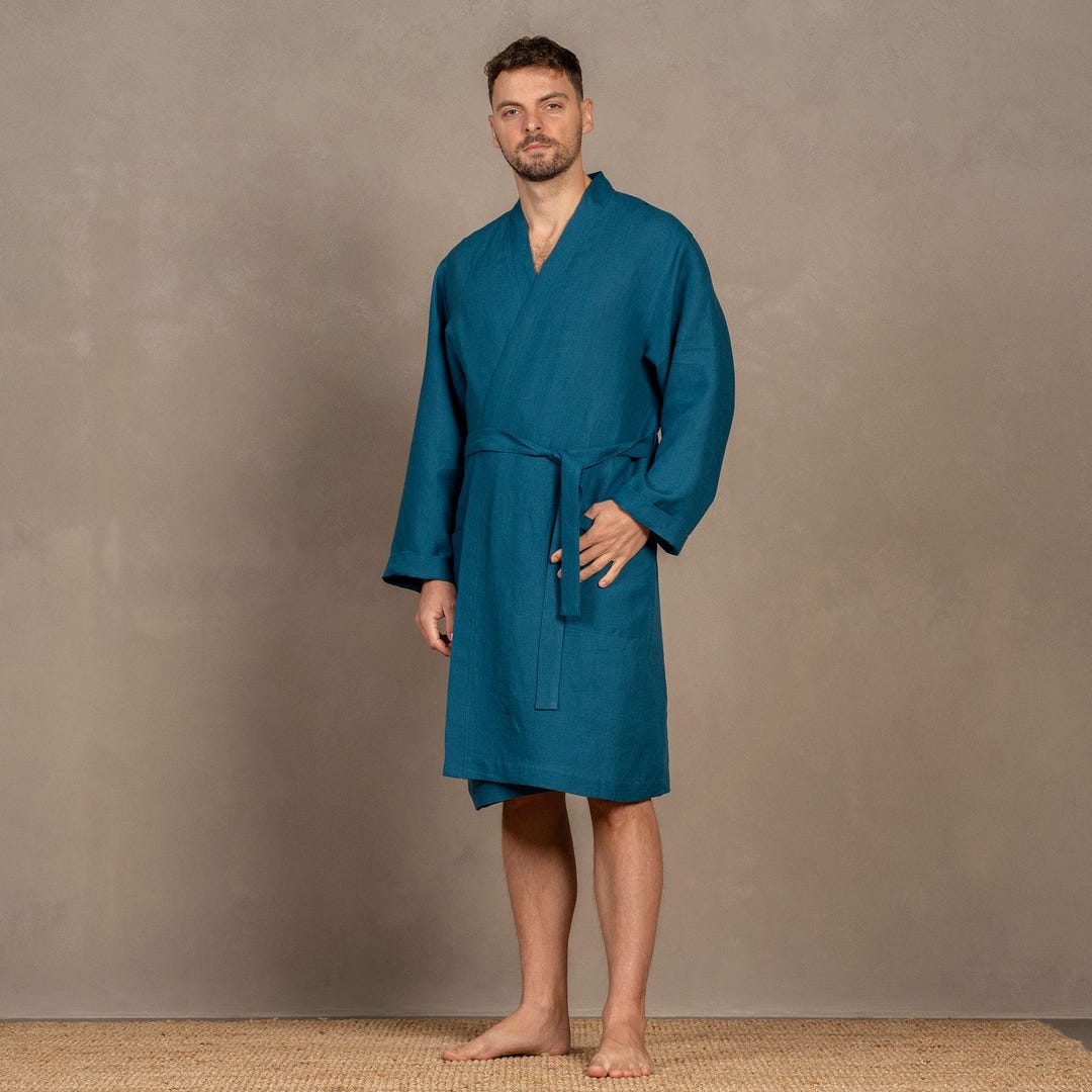 Men's Linen Bathrobe Organic Linen Bath Robe Long Bathrobe 100% Linen ...