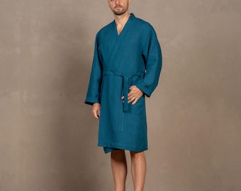 Men's Linen Bathrobe Organic Linen Bath Robe Long Bathrobe 100% Linen Bathrobe for Men Gift for Him