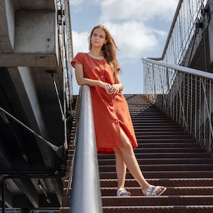 Button Front Linen Dress with Cap Sleeves Summer Button Down Dress Linen Dress for Women Cinnamon Red Dress HARPER