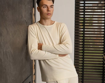 Merino Wool Long Sleeve Shirt for Men Fall Crewneck Sweatshirt Base Layer Organic Clothing 250gsm Natural