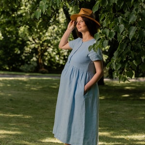 Maternity Dress Baby Shower Dress 100% Linen Midi Dress with Buttons Postpartum Pregnancy Clothing Mother&#39;s Day Gift MARIA Cloudy Blue