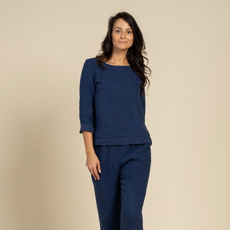 Linne 2-delat set med hög midja, avsmalnande byxor, linnebyxor och linneblus för kvinnor, loungeset, hållbara linnekläder, loungewear bild 6