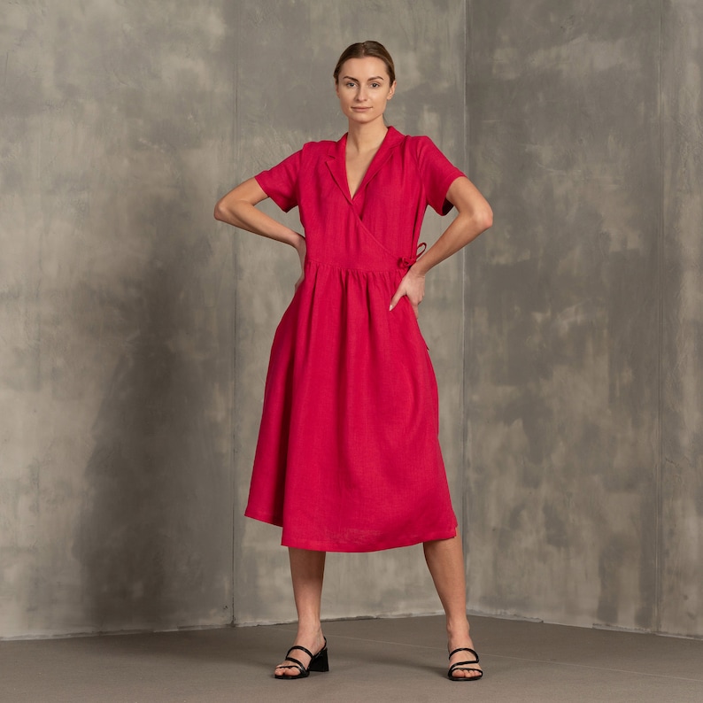 Linen Wrap Dress Shirt Wrap Dress Collar Wrap Dress Minimalist Dress Loose Dress Pink Dress Linen Dress Summer Dress Linen Clothing PHOEBE image 4