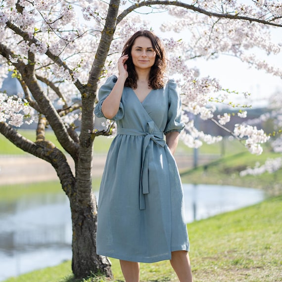 Puff Sleeve Dress Wedding Dress Boho Dress Vintage Dress Linen Dress Wrap Dress Elegant Dress Formal Dress Romantic Dress BELLE
