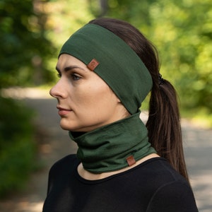 2 Piece Set of Neck Gaiter & Headband for Women Men Unisex Two Piece Set Merino Wool Sustainable Clothing Fall Knit Accessories Dark Green image 3