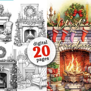 Christmas Fireplaces Grayscale Coloring Book for Adults to Print - Christmas Coloring Pages Grayscale Digital | Christmas coloring pages