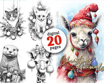 Christmas Animals Coloring Book for Adults to Print Animals Grayscale Coloring Pages Digital | Animals Christmas coloring book grayscale download