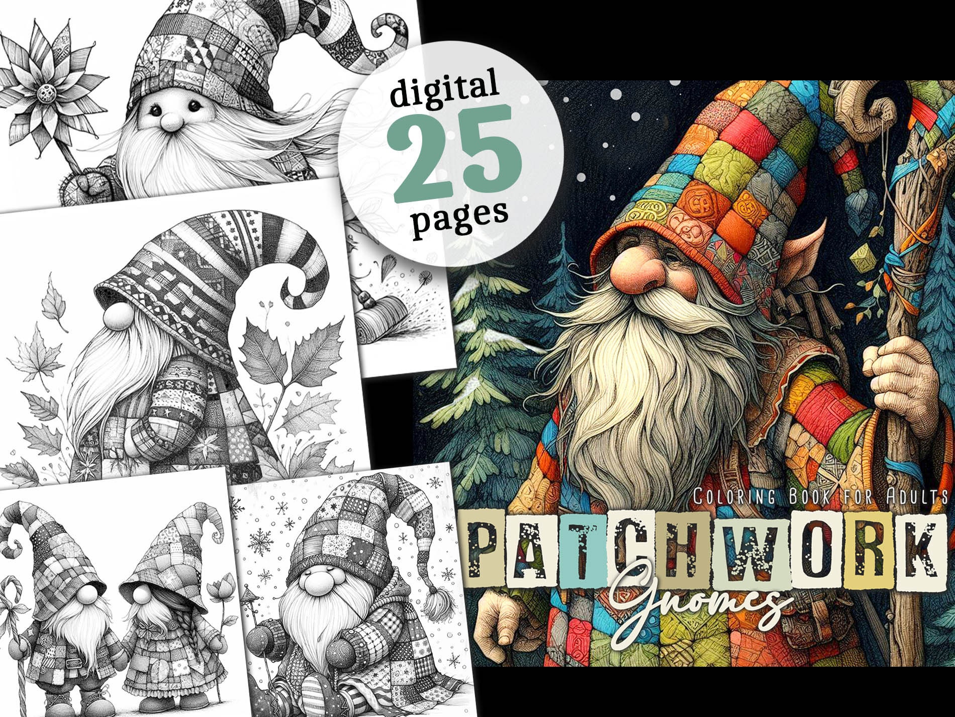 Patchwork Gnome Coloring Book to print Gnome Coloring Book Pages Grayscale Winter Gnome Christmas Coloring Pages Gnome Elves Patchwork download