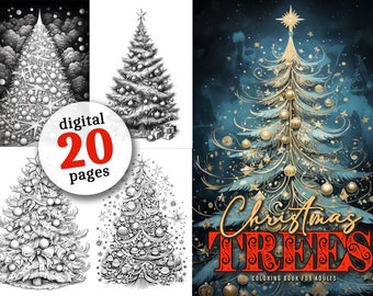 Christmas trees coloring book to print out Christmas tree grayscale Christmas tree digital | Christmas coloring pages digital Christmas coloring book