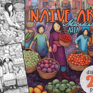 Naive Art Grayscale Coloring Book Printable Asian Markets Coloring Book Market Coloring Book Digital | naive art coloring book download | 20 p.