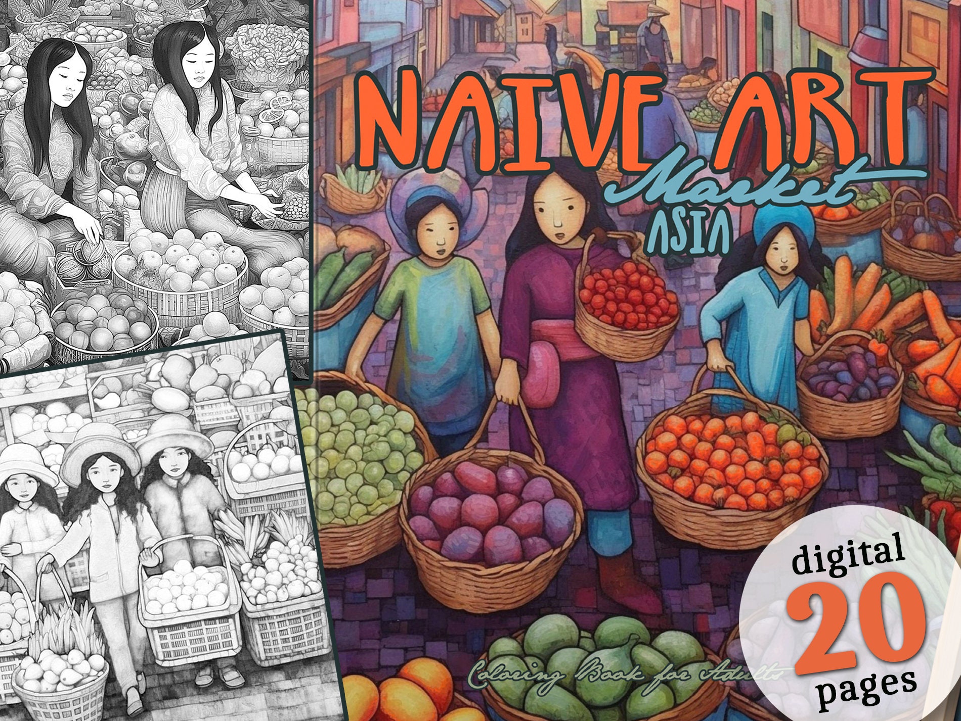 Naive Art Grayscale Coloring Book Printable Asian Markets Coloring Book  Market Coloring Book Digital | naive art coloring book download | 20 p.