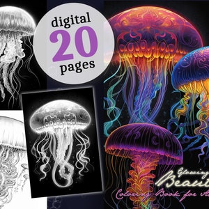 Glowing Beauties deep sea jellyfish ocean grayscale coloring book printable marine animals coloring book digital | Animals ocean coloring book download