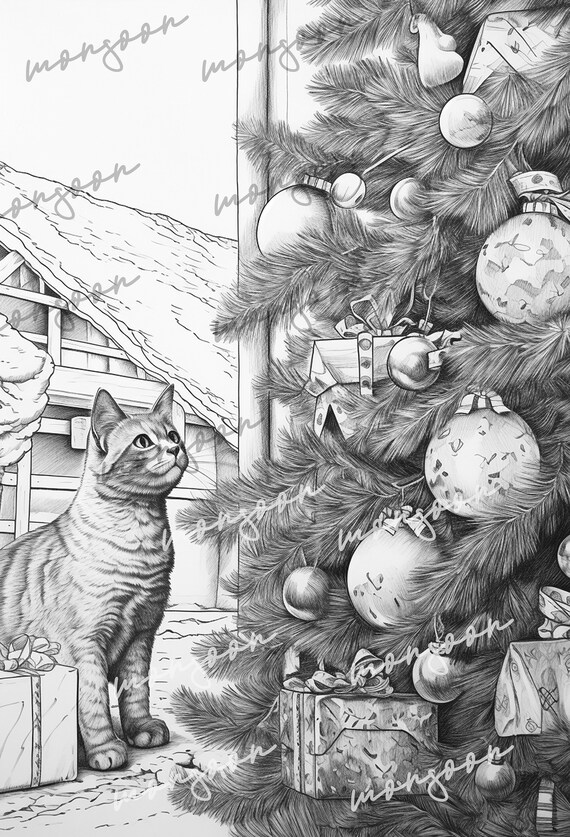 Cats in the Christmas Tree Coloring Book for Adults to Print