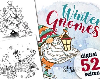 Winter gnome coloring book for adults printable - gnome coloring book printable - gnome coloring pages - gnome coloring book download digital