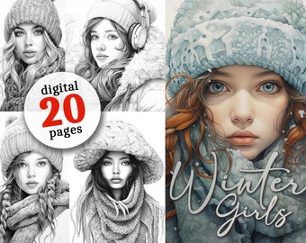 Winter Girls Coloring Book for Adults to Print - Winter Grayscale Coloring Book | Knitting winter fashion coloring pages grayscale digital