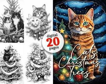 Cats in the Christmas Tree Coloring Book for Adults to Print - Cats Grayscale Coloring Pages | Cat coloring pages digital Christmas coloring book