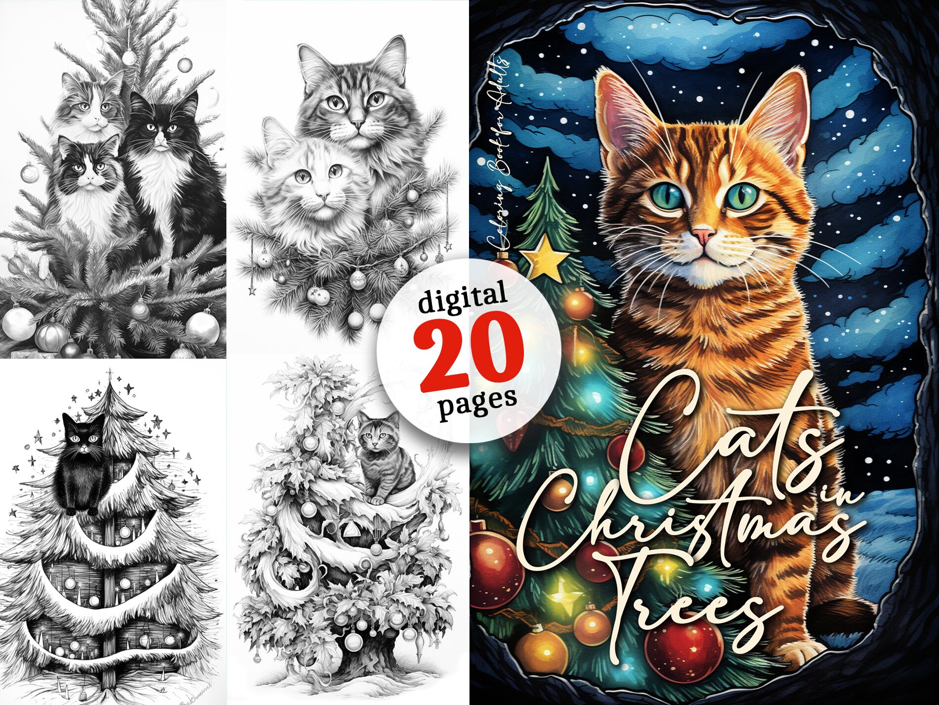 Cats in the Christmas Tree Coloring Book for Adults to Print