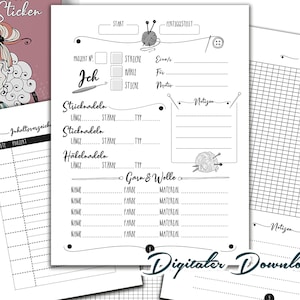 May include: Digital download of printable crochet and knitting project planner pages. The pages feature a detailed layout with sections for project details, yarn information, and notes. The design includes decorative elements like yarn balls and needles.