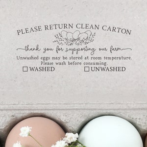 Egg Carton Rubber Stamp | 3x1.25 inch Please Return Clean Carton Thank You Supporting | Washed Unwashed Checkbox | Safe Egg Handling | F17