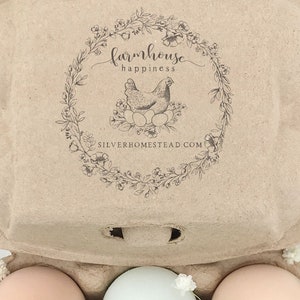 Custom Egg Carton Stamp | Farmhouse Happiness Nesting Hen Floral Wreath | Hand Drawn Farmhouse Design | Farmer’s Market Packaging | C01