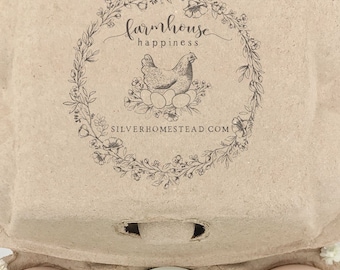 Custom Egg Carton Stamp | Farmhouse Happiness Nesting Hen Floral Wreath | Hand Drawn Farmhouse Design | Farmer’s Market Packaging | C01