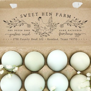 Egg Carton Rubber Stamp 6x2 inch | Pasture Raised Eggs Hand Gathered | Hand Drawn Nesting Hen Farmhouse Design | Address Stamp Label | E10