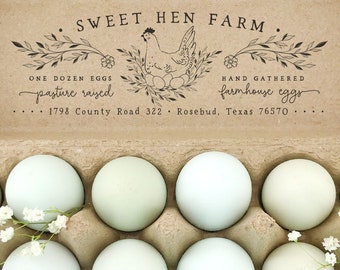 Egg Carton Rubber Stamp 6x2 inch | Pasture Raised Eggs Hand Gathered | Hand Drawn Nesting Hen Farmhouse Design | Address Stamp Label | E10