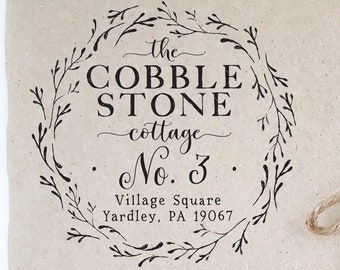 Custom Address Stamp | Fairytale Cottage Wreath | Hand Drawn Farmhouse Design | Nature Inspired, Whimsical & Feminine | Large Size | A06